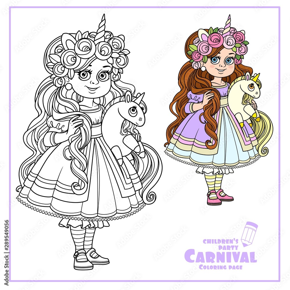 Cute girl in dress and with a plush unicorn color and outlined for ...