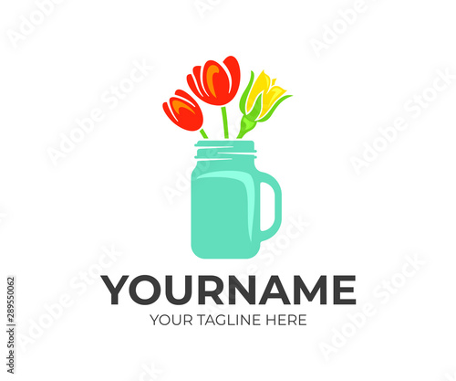 Flowers, roses and tulips in a mason jar, logo design. Floral, floristry and floristic, vector design and illustration