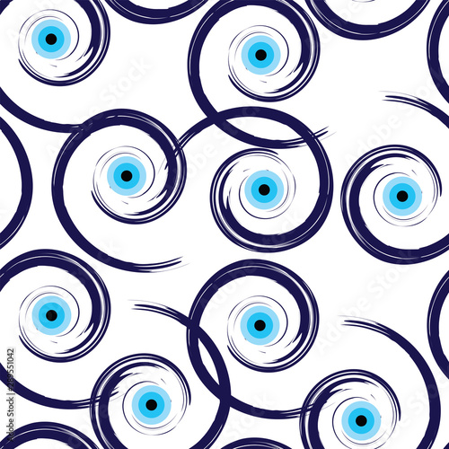 seamless pattern with artistic blue evil eye vector on white background
