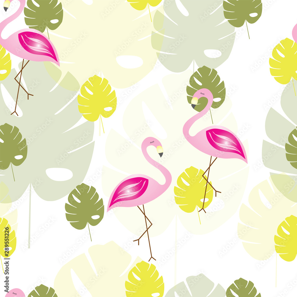 seamless pattern with flamingos and tropical leaves vector - summer theme - white background