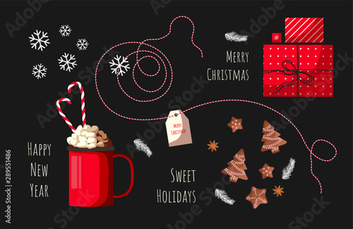 Set of Christmas elements on the black background. Mug of cacao with marshmallows and candy canes, Christmas cookies, gift boxes and snowflakes. Vector illustration for card, poster, scrapbooking.