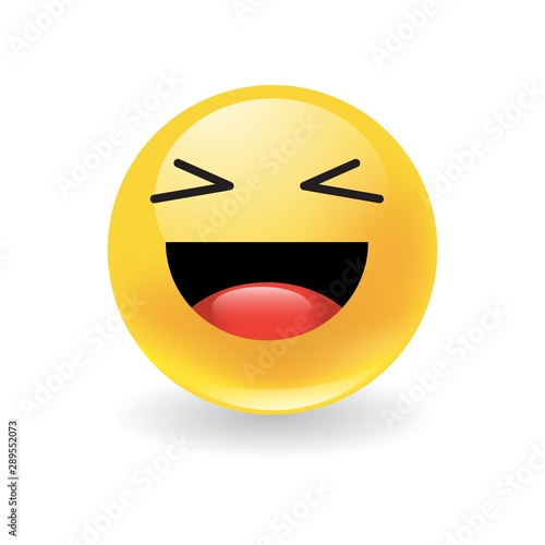 Gleeful happy round yellow emoticon with big smile of satisfaction over white with drop shadow, vector illustration