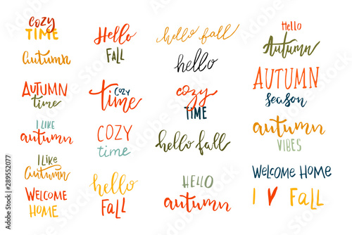 Set of autumn vector hand drawn lettering.