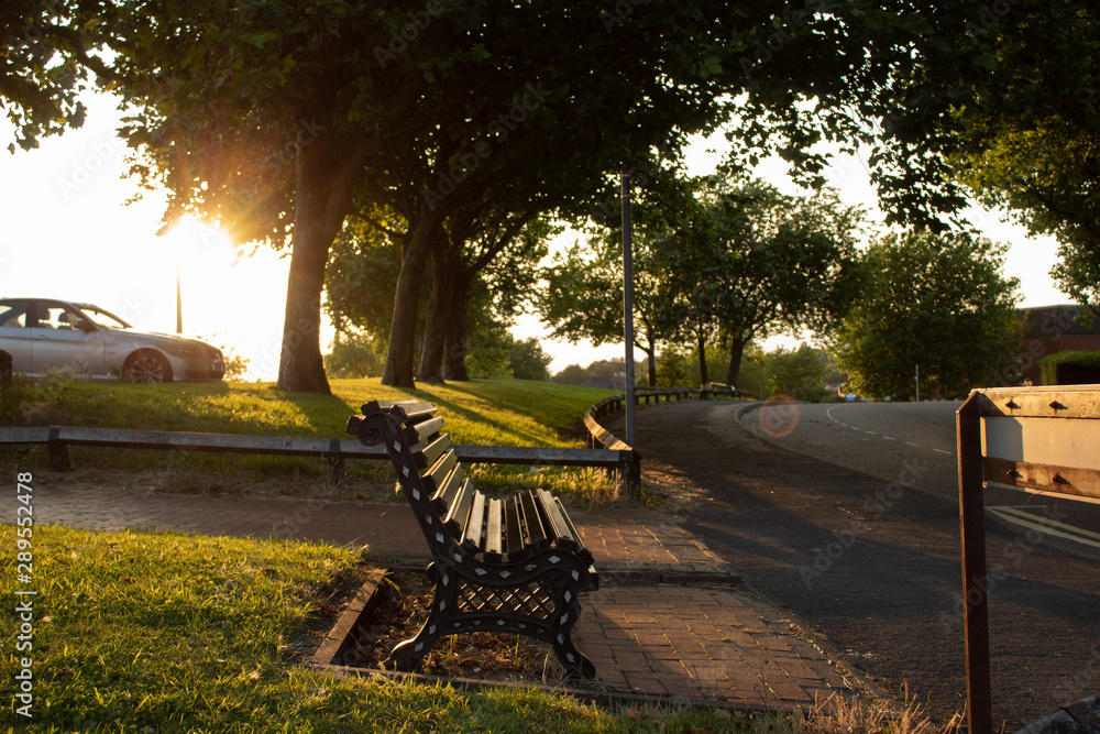 Bench in front of road during sunset
