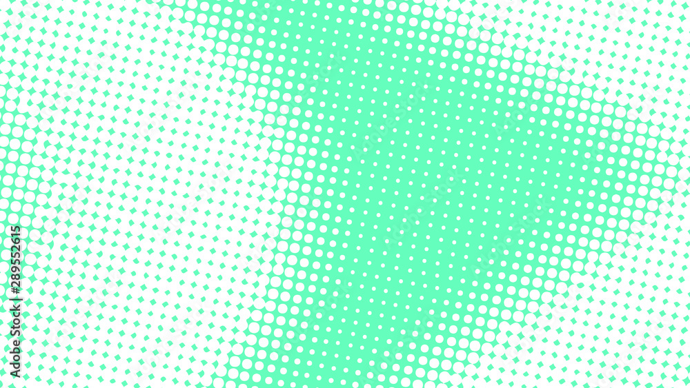 Turquoise and white pop art background in retro comic style with halftone dots, vector illustration of backdrop with isolated dots