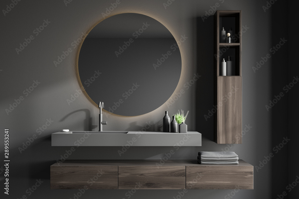 Gray bathroom interior with sink and mirror - obrazy, fototapety, plakaty 