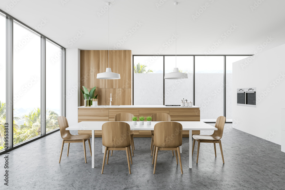 White kitchen interior, countertop and table White kitchen interior, countertop and table