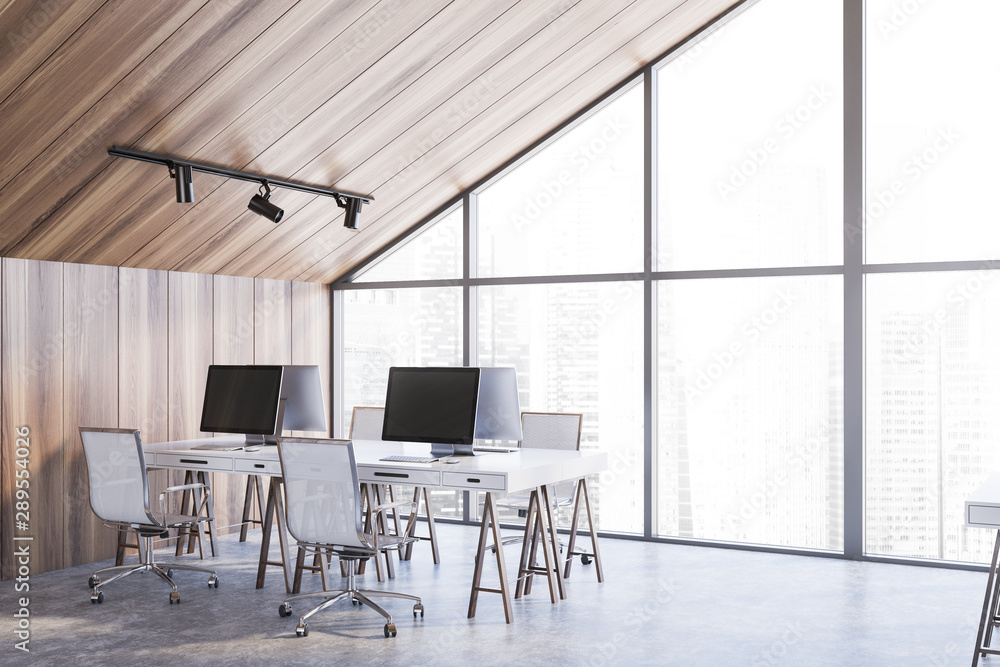 Fototapeta premium Wooden attic open space office corner