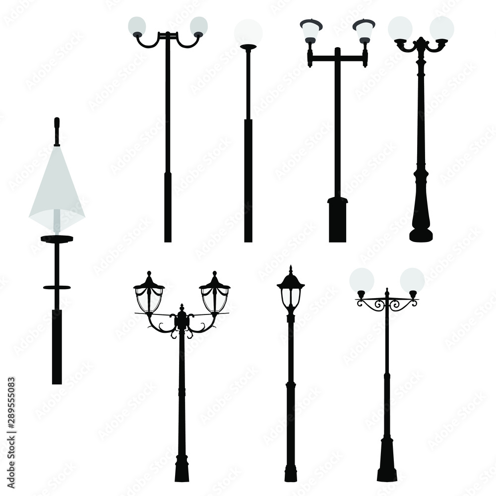 Set of modern and vintage street lights. Silhouette of wall street lamp, round lantern,  black and gray color, isolated on white background