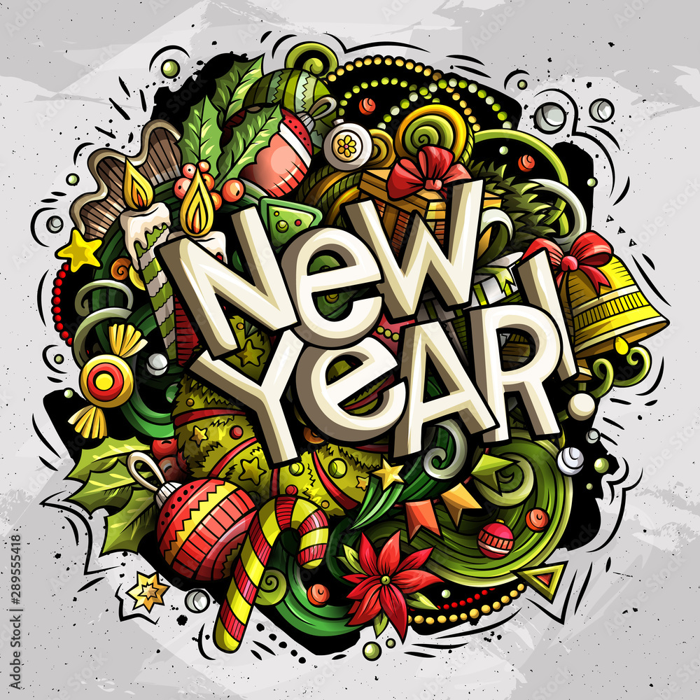 New Year doodles illustration objects and elements poster design