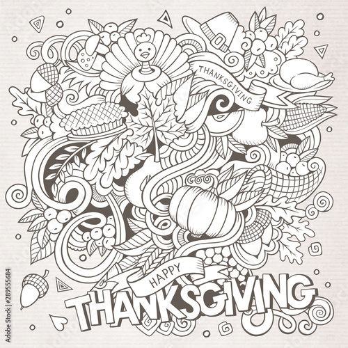 Cartoon hand-drawn Doodle Thanksgiving. Sketchy design