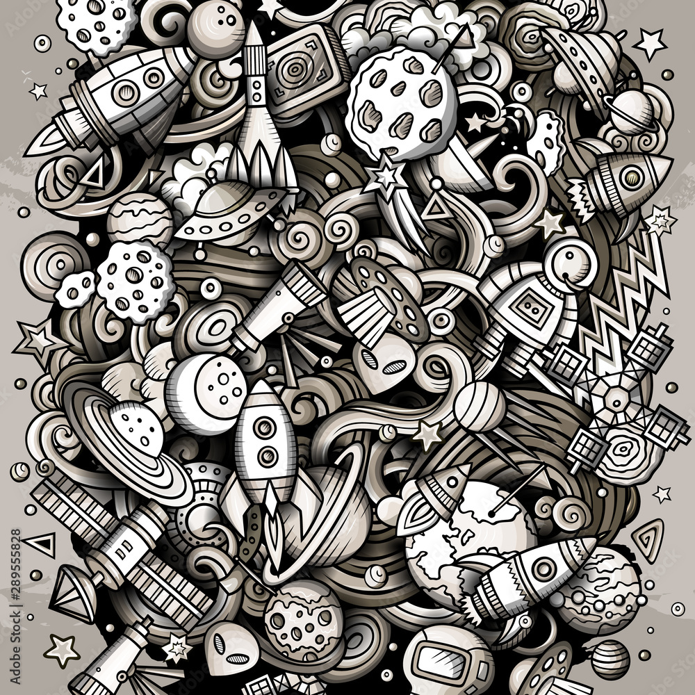 Cartoon doodles Space illustration. Toned cosmic funny picture Cartoon doodles Space illustration. Toned cosmic funny picture