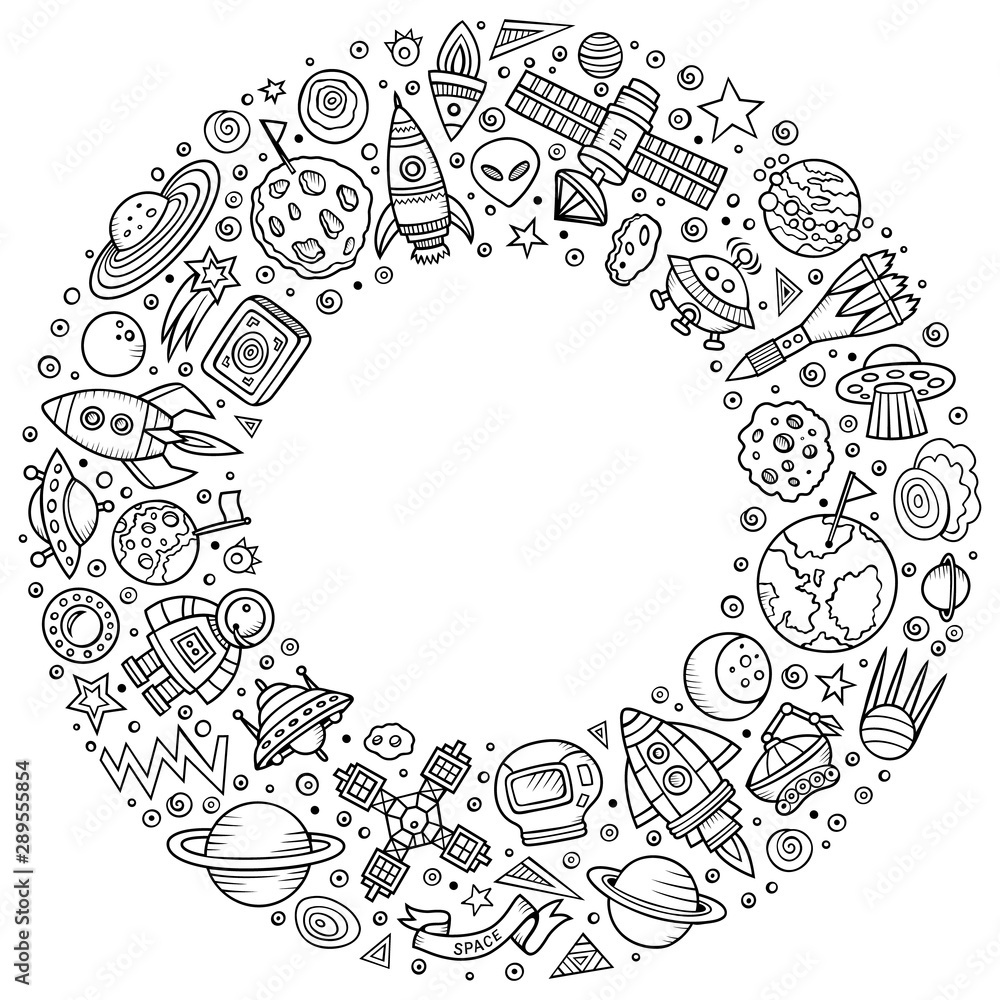 Set of space cartoon doodle objects, symbols and items Set of space cartoon doodle objects, symbols and items