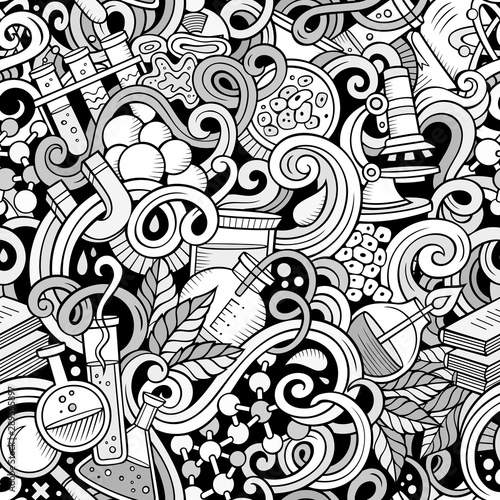 Cartoon hand-drawn science doodles seamless pattern