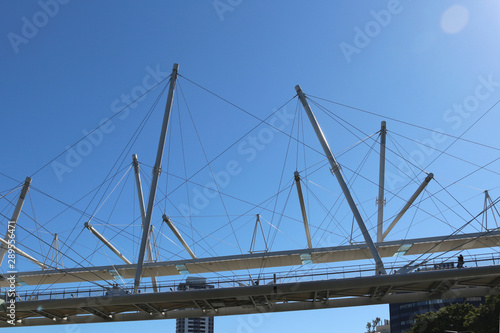 View at the futuristic Kurilpa bridge from river, Brisbane, Queensland Australia