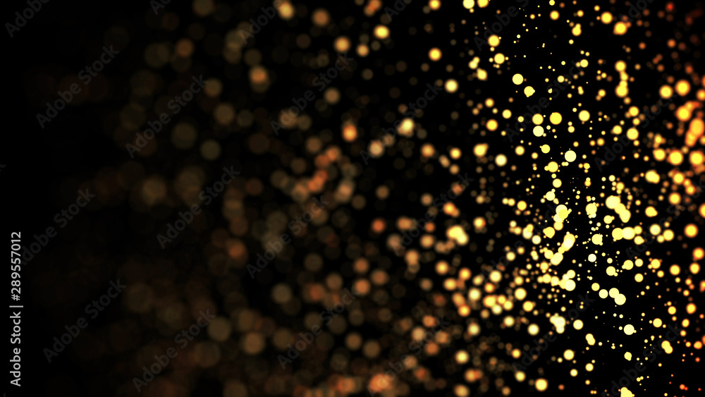composition of gold particles with a depth of field 3d render