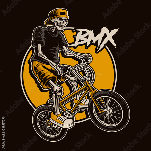 Платно illustration with a skeleton is jumping on bmx bike.