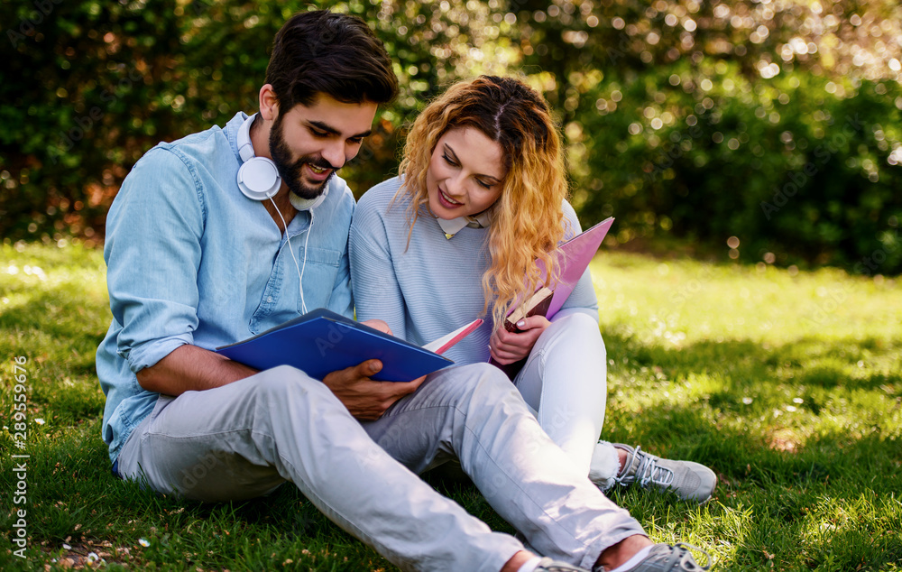 Campus life. Young couple learning together in the park. Education, love and tenderness, dating, romance, lifestyle concept Campus life. Young couple learning together in the park. Education, love and tenderness, dating, romance, lifestyle concept