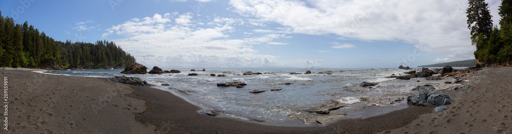 Beautiful Panoramic View of a rocky coast on the Juan de Fuca Trail during a sunny and cloudy summer day. Taken at Sombrio Beach, near Port Renfrew, Vancouver Island, BC, Canada. Beautiful Panoramic View of a rocky coast on the Juan de Fuca Trail during a sunny and cloudy summer day. Taken at Sombrio Beach, near Port Renfrew, Vancouver Island, BC, Canada.