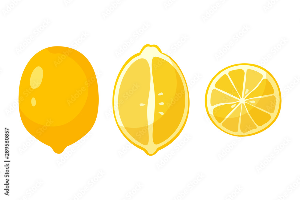 Lemon icon collection, lemon slice. Fresh lemon fruit. Whole lemon, half fresh citrus fruit. Vector illustrations.
