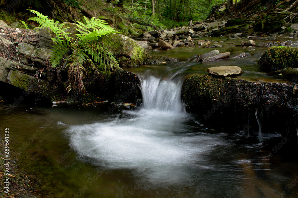 Small waterfall in the mountain forest with green fern and stones, long exposure Small waterfall in the mountain forest with green fern and stones, long exposure