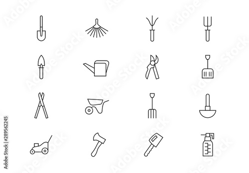 Garden tools thin line icons. Editable stroke