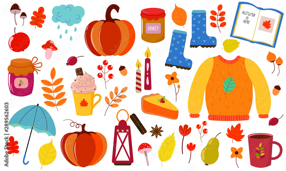 Vector graphics. Big autumnal set. Cartoon illustration. Illustration with autumn symbols and attributes. White background. Vector graphics. Big autumnal set. Cartoon illustration. Illustration with autumn symbols and attributes. White background.