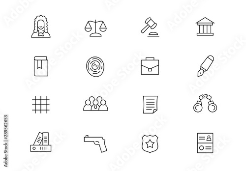 Law thin line vector icons. Editable stroke