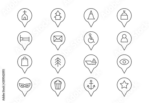 Map pointers thin line vector icons. Editable stroke