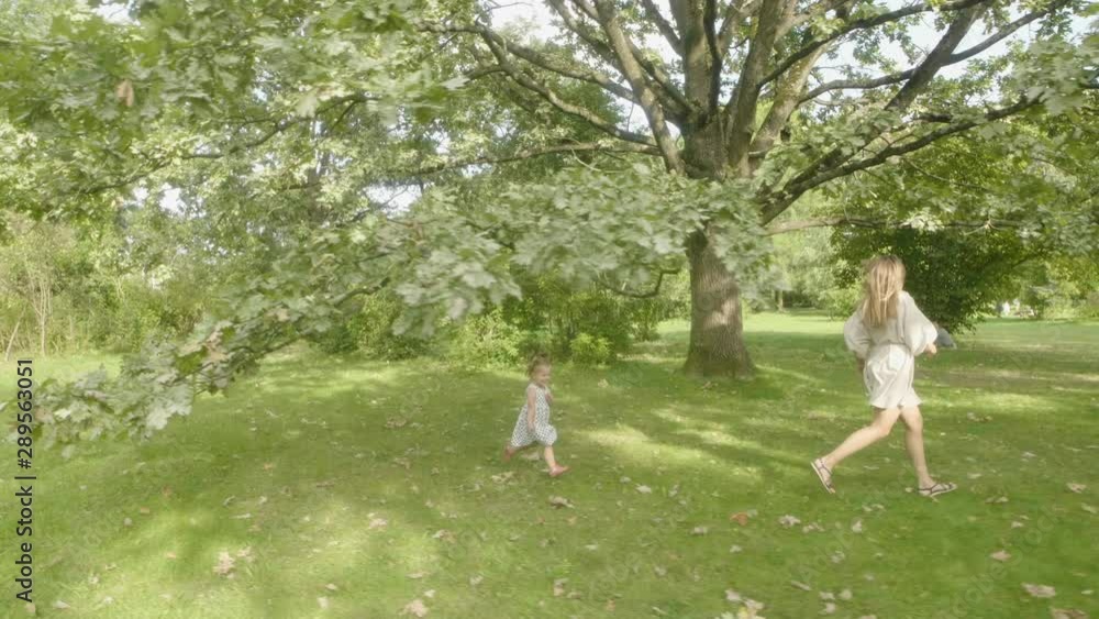 Baby girl with mother running through the grass in the summer sunlight in park. Baby have fun. Slow motion. Happy family concept. Child with mother running. Baby girl with mother running through the grass in the summer sunlight in park. Baby have fun. Slow motion. Happy family concept. Child with mother running.
