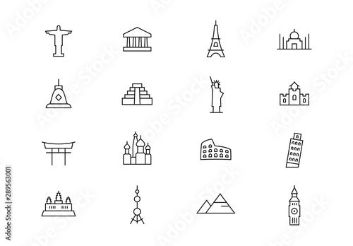 Travel landmarks thin line vector icons. Editable stroke