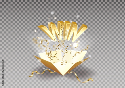 Win text explosion on box and gold confetti