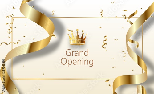 Grand opening sparkling banner. Text composition with golden splashes and ribbons.Gold sparkles. Elegant style.
