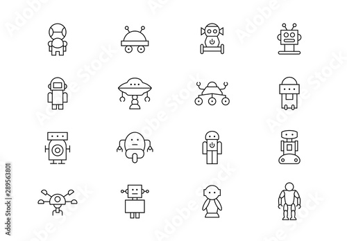Robots thin line vector icons. Editable stroke