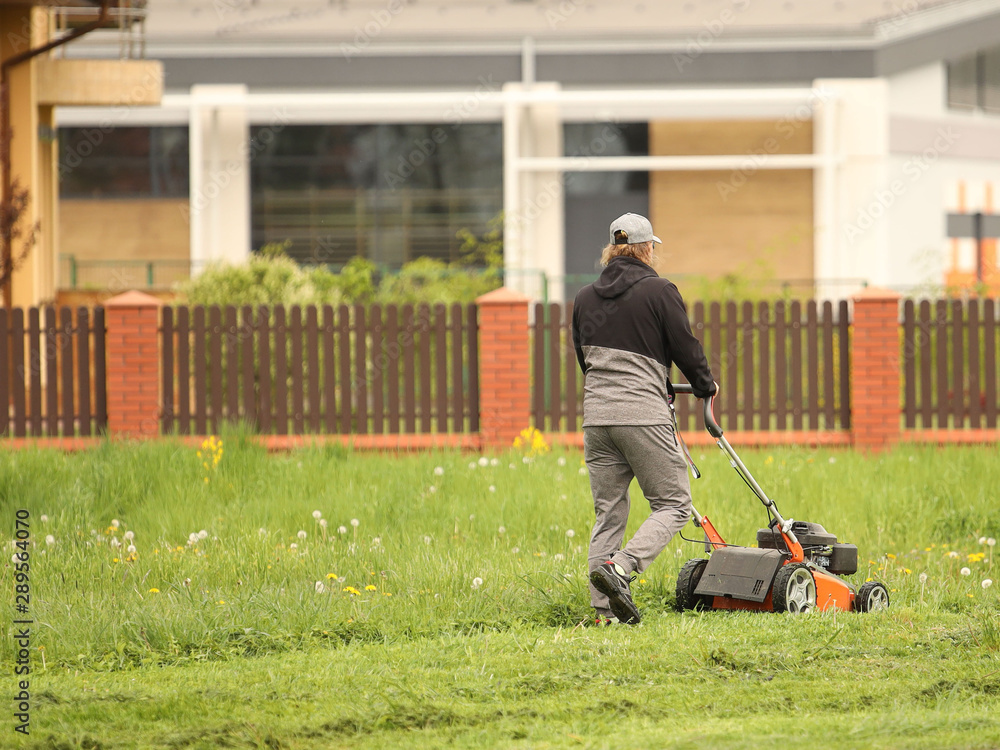 Worker using a manual lawn mower mows grass on near the house