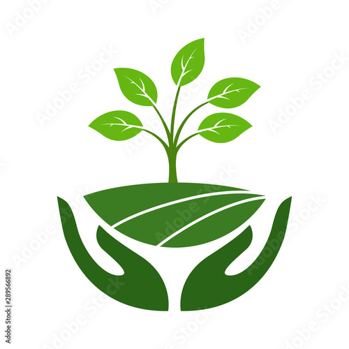 Icon of hands carefully holding green leaves. Symbol of ecology, environmental awareness, nature protection concept.