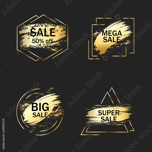 set of gold sale banners, on black background