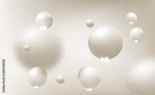 Light coloured Background with white balls, blur effect. 3d round spheres. Geometric design elements circle ball pattern.