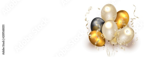 Blank greeting card template with tinsel and balloons.
