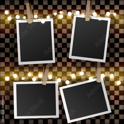 Set of square vector photo frames on binders and yellow light garlands. Template photo design.
