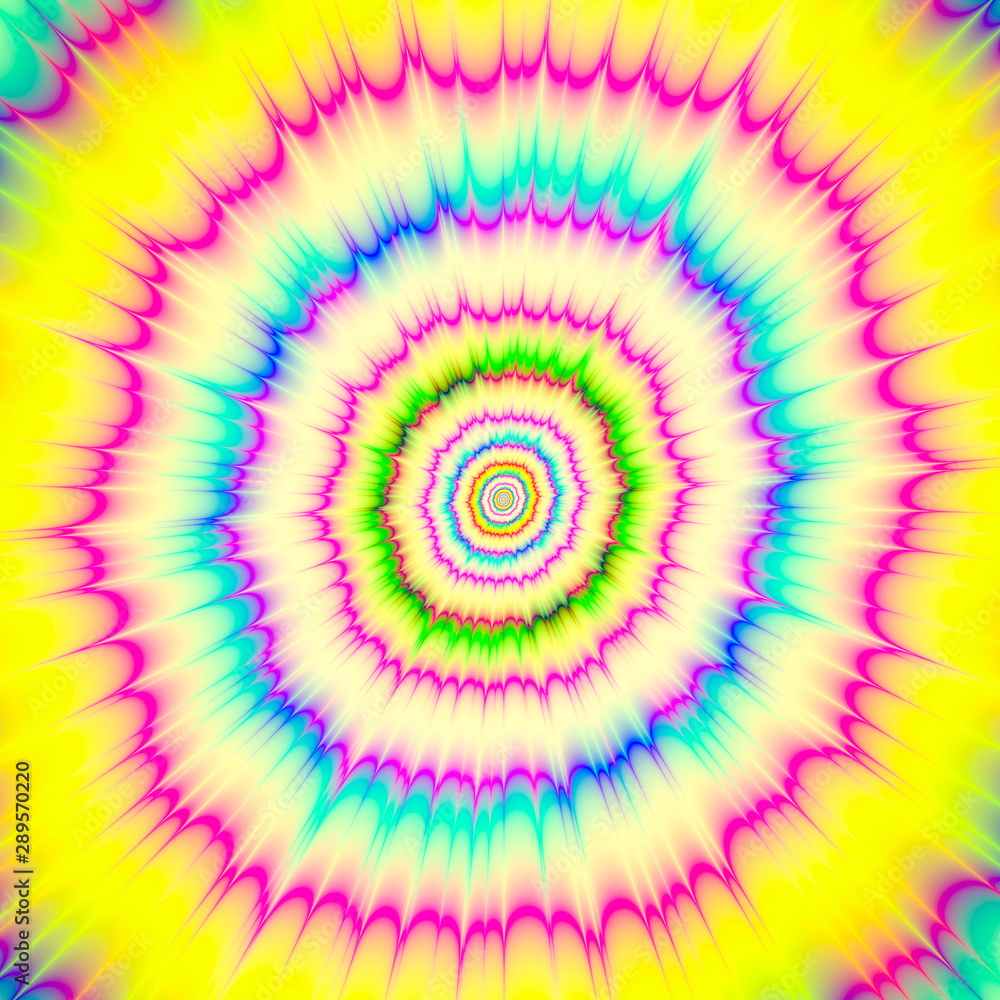 Candy Colored Explosion / A digital fractal work with a color explosion design in yellow, pink, blue, green, and turquoise.