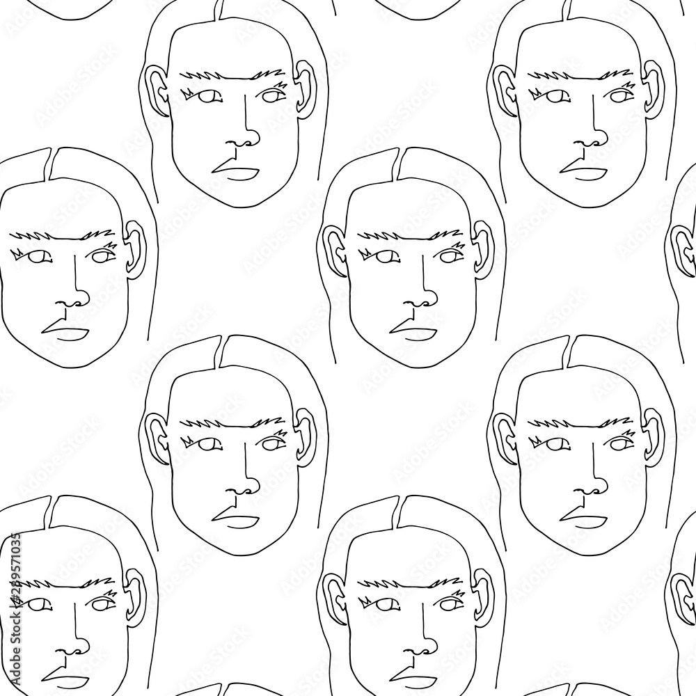 Modern seamless pattern with linear abstract woman face. Continuous line art. One line drawing. Minimalist graphic. Modern seamless pattern with linear abstract woman face. Continuous line art. One line drawing. Minimalist graphic.