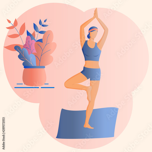 Trendy concept of fitness class:cute girl standing in yoga tree pose.Flat Funky Figures style.Decorated beautiful leaves.Vector illustration.For advertising, logo, leaflets,flyer