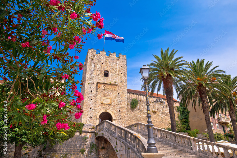 Korcula town gate and historic architecture view