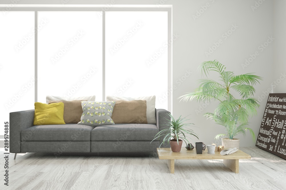 Stylish room in white color with sofa. Scandinavian interior design. 3D illustration Stylish room in white color with sofa. Scandinavian interior design. 3D illustration