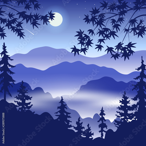 Night Landscape with Mountains, Full Moon and Trees