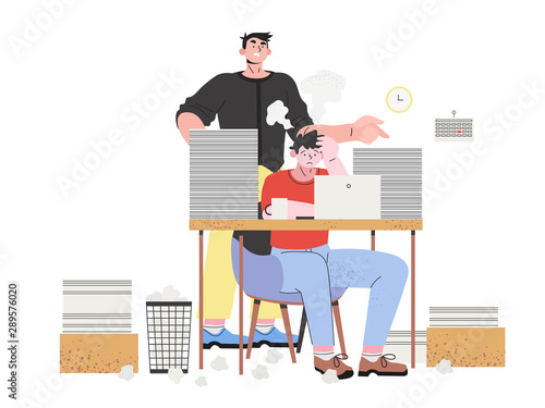 A male employee in a stressful situation at his working place doing his job in a hurry under presure of an angry boss who is standing behind him and yelling that he is too slow. Hard work concept.