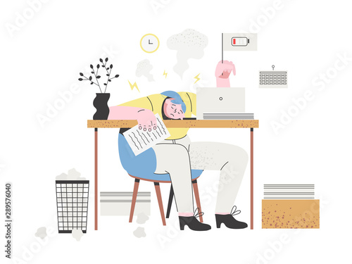 Professional burnout concept. A woman employee is tired, frustrated and emotionally exhausted. Stressed woman sitting at her working place with a laptop and piles of documents with a low charge flag.