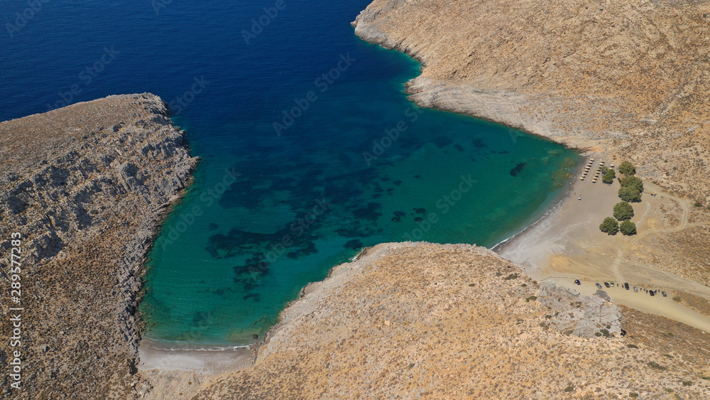 Aerial drone photo of paradise beach of Vatses with emerald clear sea, Astypalaia island, Dodecanese, Greece