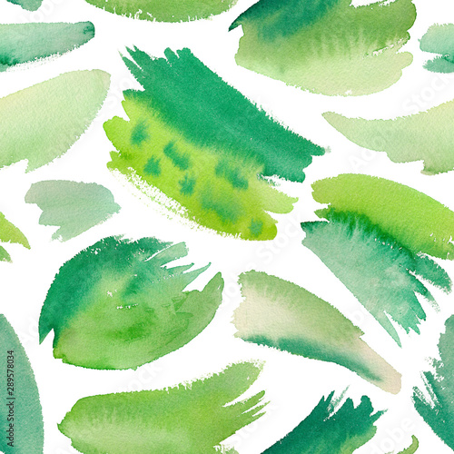 Watercolor seamless pattern with green brush strokes. Splash watercolor texture background.
